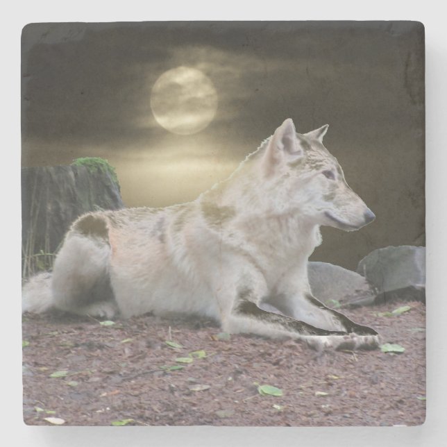 Geist-Wolf im Mondschein Steinuntersetzer (Vorderseite)