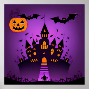 Geisterburg-Kürbisse Fledermäuse Halloween Poster