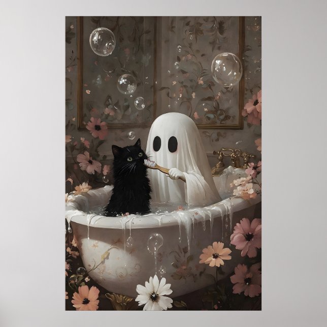 Geisterbürsten Schwarze Katz-Zähne Badewanne Druck Poster (Vorne)