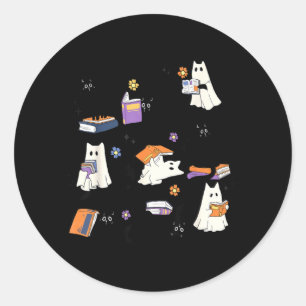 Geisterhafte schwarze Katze liest Buch Halloween-K Runder Aufkleber