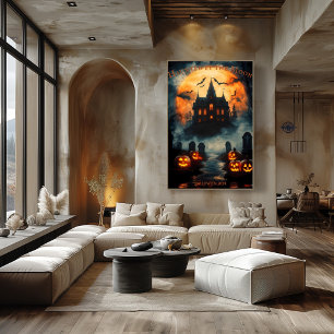 Geisterhaus Halloween mit Kürbislaternen Poster