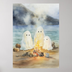 Geisterkunst: Gespenster am Campfeuer am Strand Poster