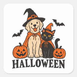 Geistige Katze & Hund Halloween Gruselaufkleber  Quadratischer Aufkleber