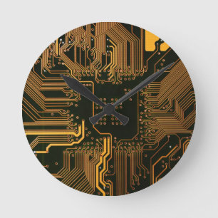 Gek Out Nerd PCB Orange Electronic Circuit Board Runde Wanduhr