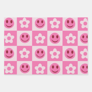Gekachelte Blumen und glückliche Gesichter rosa   Geschenkpapier Set