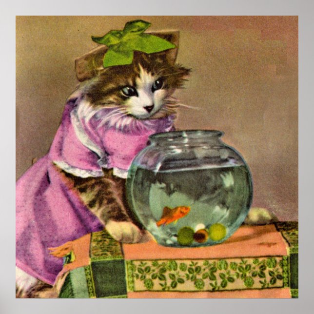 gekleidete Katze und Fischschale Poster (Vorne)