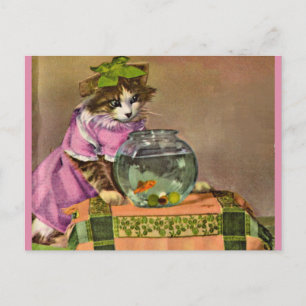 gekleidete Katze und Fischschale Postkarte