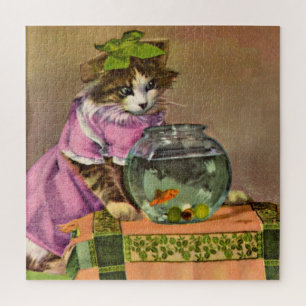 gekleidete Katze und Fischschale Puzzle