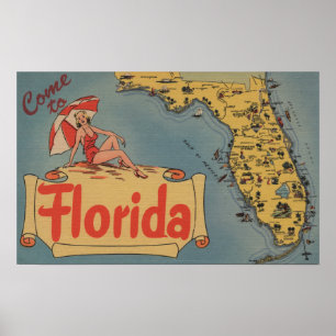 Gekommen zu Florida-Karte des Staat, Button-Oben Poster