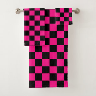 Gekreuzte Quadrate mit rosa, geometrischem Retro Badhandtuch Set