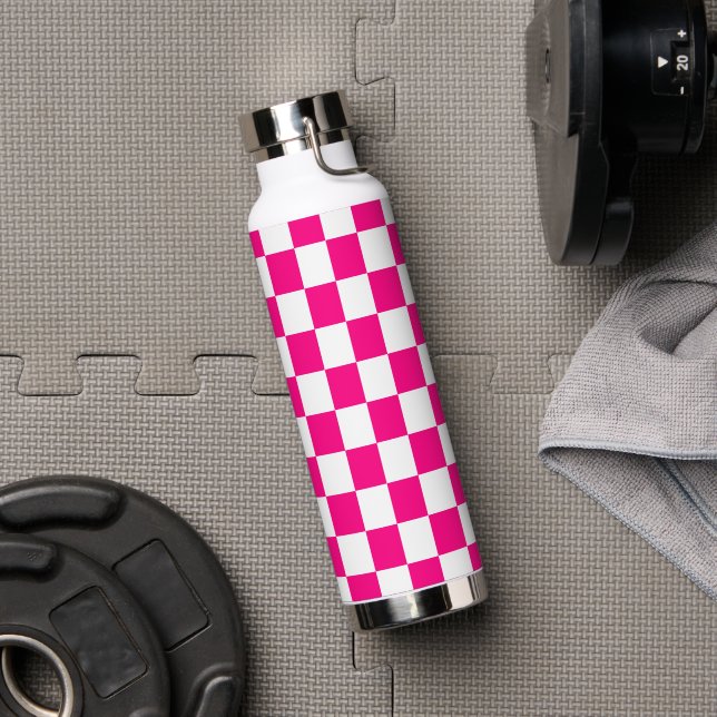 Gekreuzte Quadrate mit weißem, rosa Retro Trinkflasche (Fitnessstudio)
