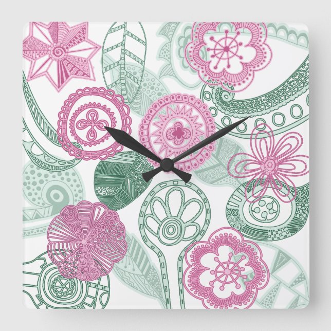 Gekritzel-Blumen Quadratische Wanduhr (Vorderseite)