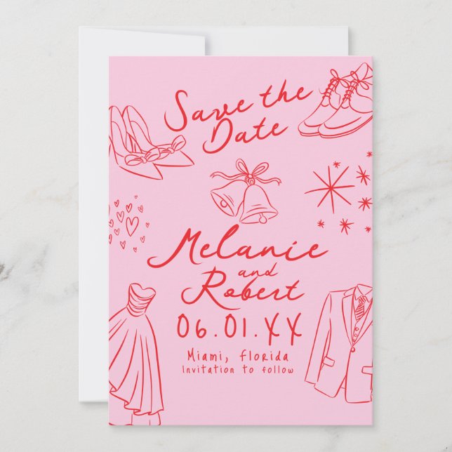 Gekritzel Handgezeichnet Schwarz Weiß Bräutigam Br Save The Date (Vorderseite)