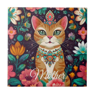 Gekrönte Katze mit Juwelen Fliese