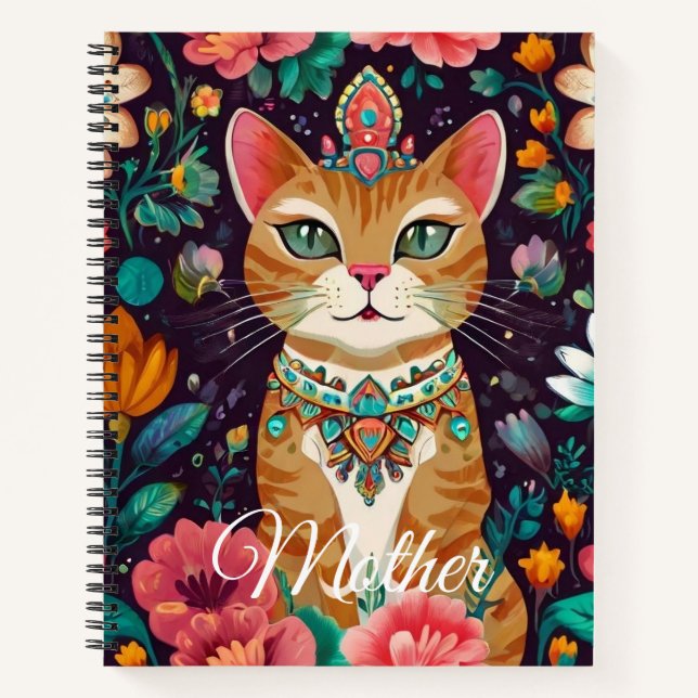 Gekrönte verzierte Katze  Notizbuch (Vorderseite)