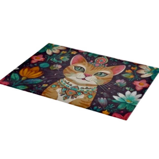 Gekrönte Verzierte Katze Schneidebrett (Glass Cutting Board – 5 different sizes. 100% food safe.  tempered glass Non-skid rubber feet. 
)