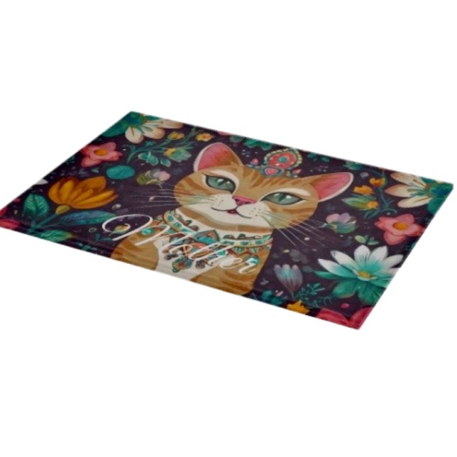 Gekrönte verzierte Katze Schneidebrett (Glass Cutting Board – 5 different sizes. 100% food safe.  tempered glass Non-skid rubber feet. 
)