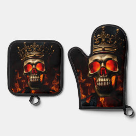 Gekrönter Schädelkönig Halloween Küchenkunst Ofenhandschuh & Topflappen-Set