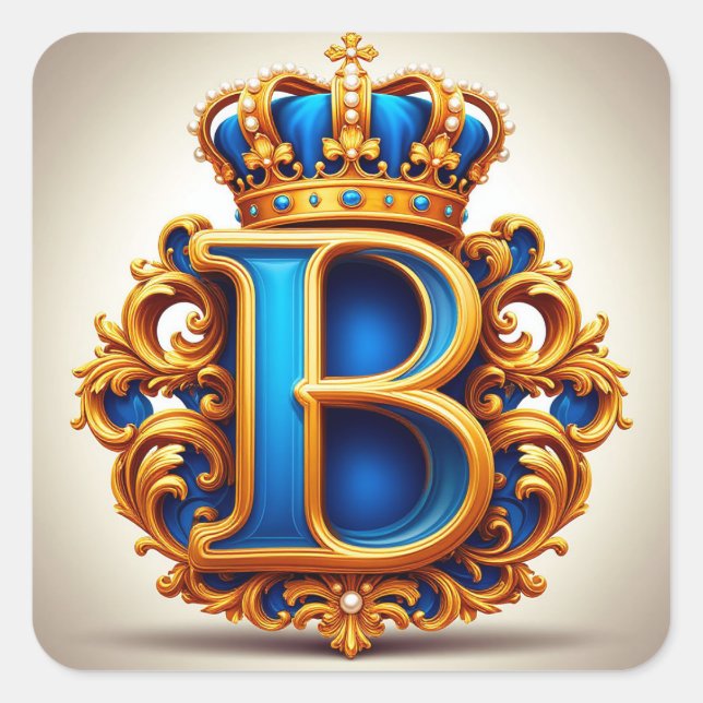 🔵 Gekröntes blaues Buchstaben-B-Monogramm-Namenss Quadratischer Aufkleber (Vorderseite)