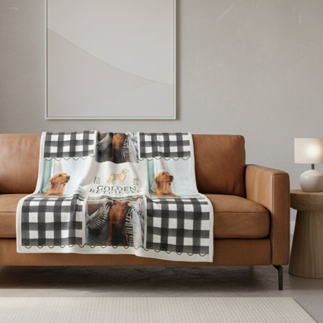 Geländerter Gingham Golden Retriever Pet Vier Foto Fleecedecke (Cozy up with this Checkered Gingham Golden Retriever Pet Four Photo Blanket!)