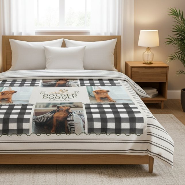 Geländertes Gingham Golden Doodle Haustier Vier Fo Fleecedecke (Cozy up with this Checkered Gingham Golden Doodle Pet Four Photo Fleece Blanket!)
