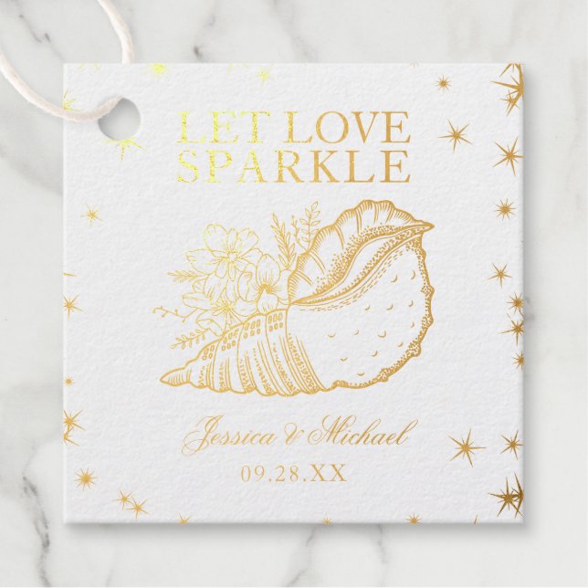 Gelassen Liebe Sparkle Floral Seashell Gold Hochze Geschenkanhänger (Vorderseite)