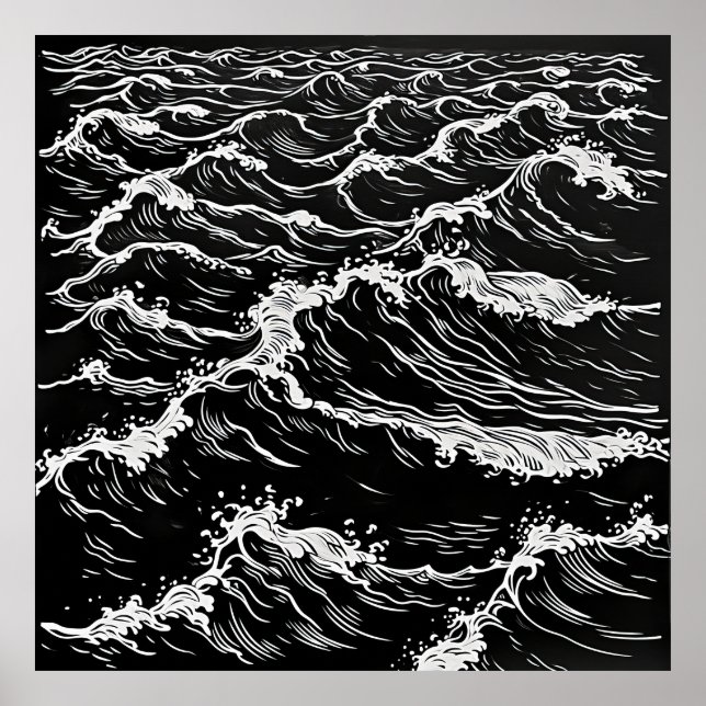 Gelassenheit in Monochrom: Ocean Waves Linocut Pos Poster (Vorne)