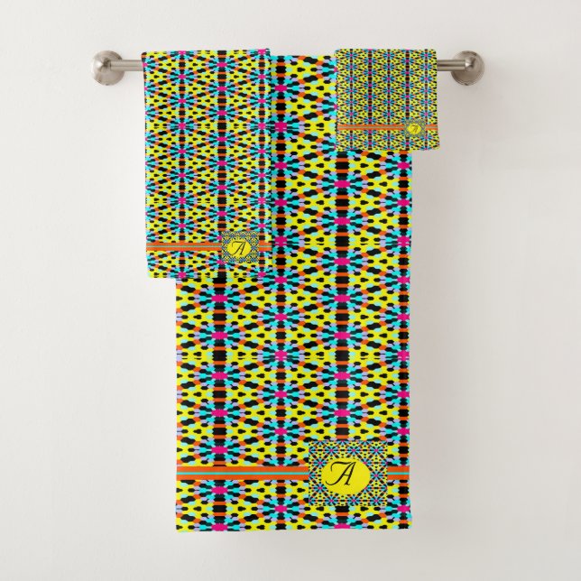 Gelb/Aqua/Rote Streifen/Dreiecke Badhandtuch Set (Insitu)