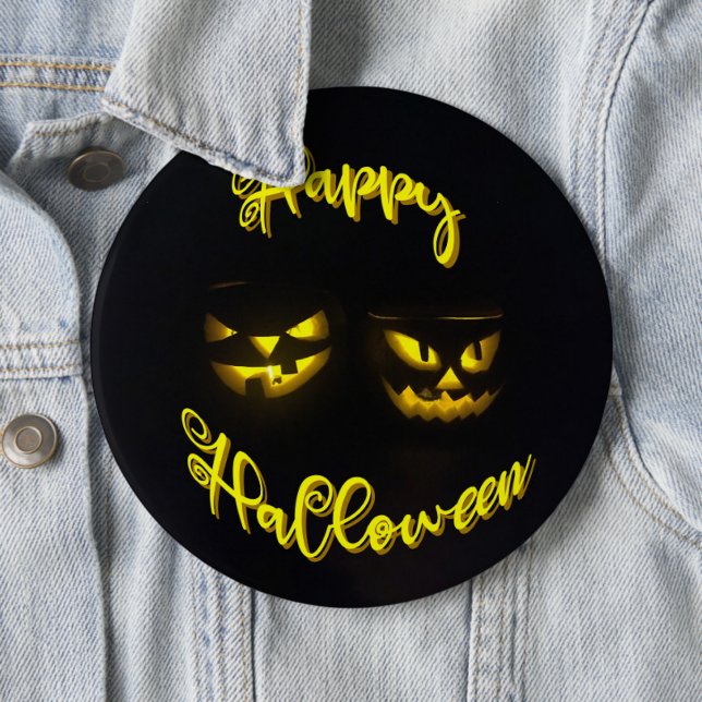 Gelb auf schwarzem Happy Halloween Text Kürbisgesi Button (Beispiel)