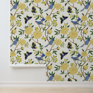 Gelb & Blau Chinoiserie Wolfsmilch Vögel Tapete