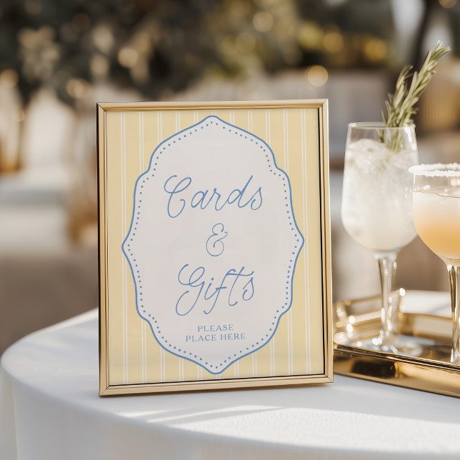 Gelb & Blau gestreifte Karten und Geschenke Schild (Von Creator hochgeladen)