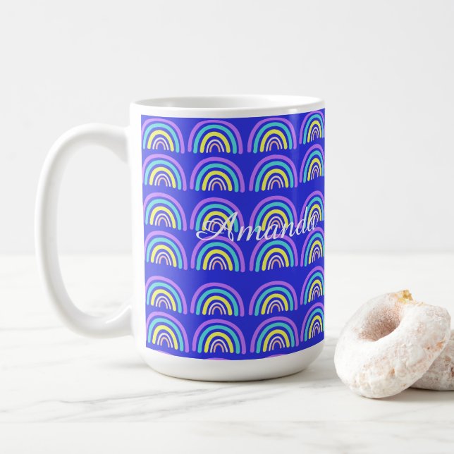 Gelb, blau und Lila Kaffeetasse (Mit Donut)