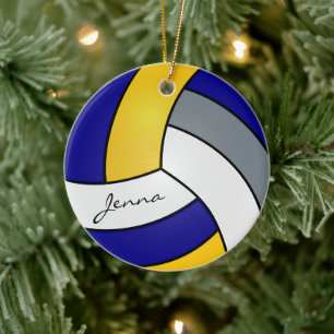 Gelb, Blau, Weiß und Grau personalisieren Volleyba Keramik Ornament