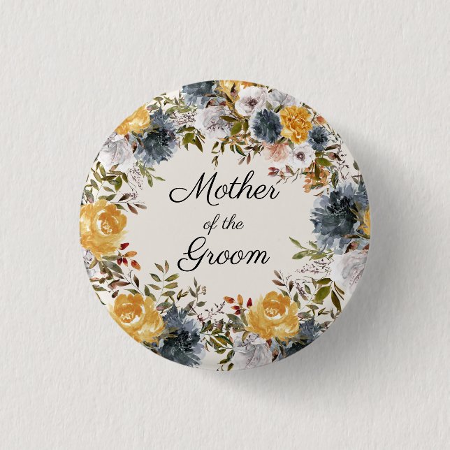 Gelb Blaue Handbemalte Florale Mutter Bräutigam Button (Vorderseite)