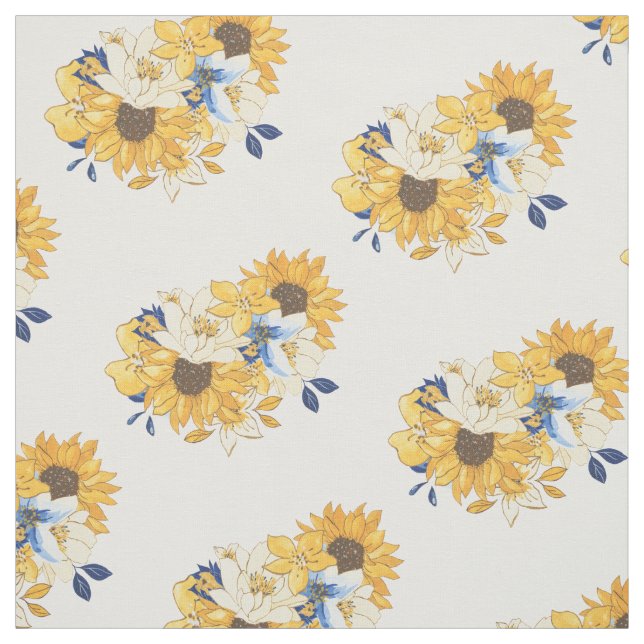 Gelb blauer Florals Sonnenblumen Blätter Muster Stoff (Muster)