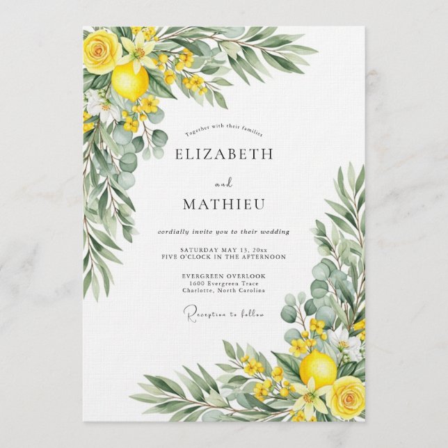 Gelb blühende botanische Hochzeit Einladung (Vorderseite)