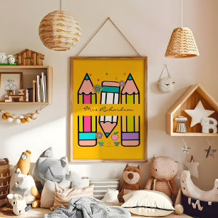 Gelb Bunt Lehrer Cartoon Bleistift Poster