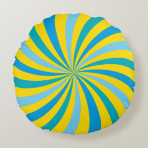 Gelb-gelber und blauer Lollipop-Swirl Rundes Kissen