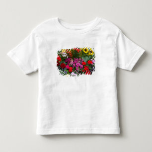 Gelb geschlossener Lattenzaun mit Blumengarten in Kleinkind T-shirt
