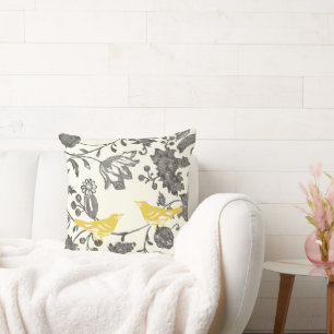 Gelb Grau Elfenbein Vintage-Blumen-Liebesvögel Kissen