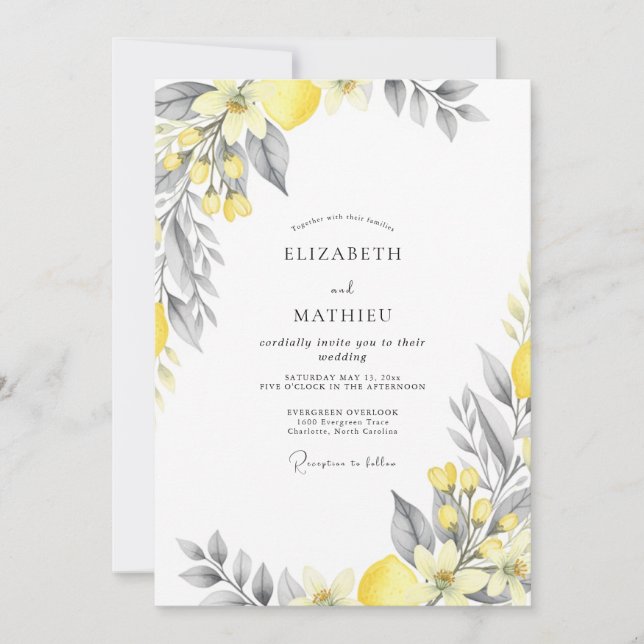 Gelb Grau Zitrus Hochzeit Einladung (Vorderseite)