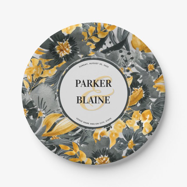 Gelb + graue florale Aquarellfarben-Monogramm Hoch Pappteller (Vorderseite)