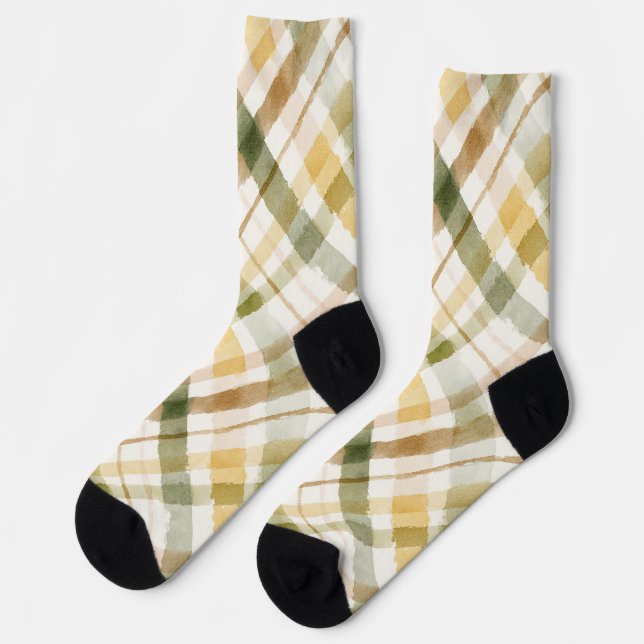 Gelb Grün Braun Kariert Gestreift  Socken (Linkes Detail)