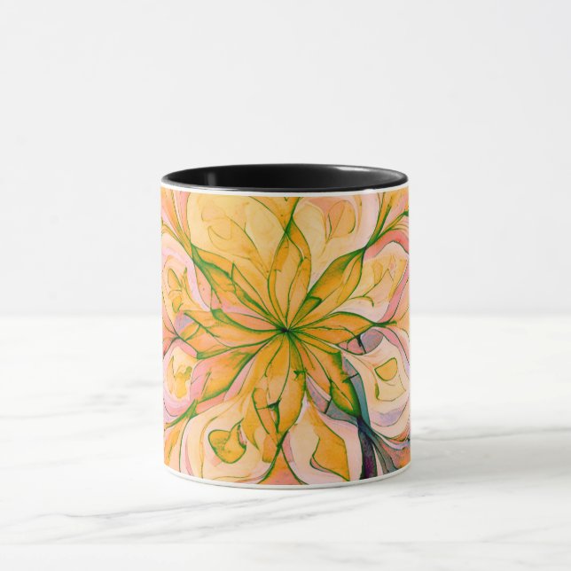 Gelb-grüne Aquarell-Blumen-Boho-Mandala Tasse (Zentrum)