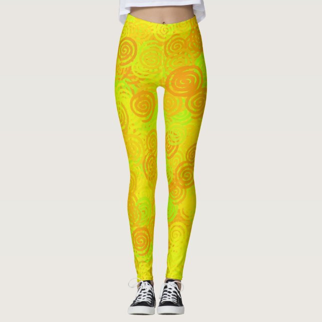 Gelb Grüne Orange Wirbel Muster Leggings (Vorderseite)