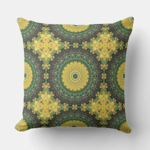 Gelb-grünes Kaleidoskop-Mandala-Muster Kissen