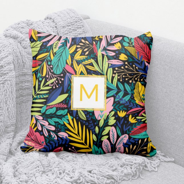 Gelb + Helle Blätter Art Modern Monogram Kissen (Modern Bright and Colorful Cheery Leaves Pattern Pillow with Yellow Monogram)