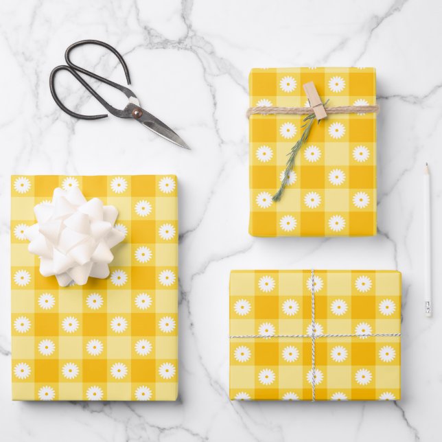 Gelb kariert floral geschenkpapier set (Vorderseite)