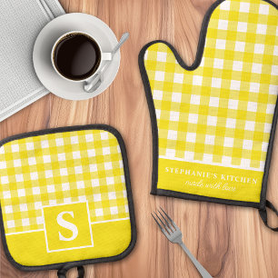 Gelb Kariert Gestreift Karo Monogrammiert Ofenhandschuh & Topflappen-Set