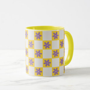 Gelb kariertes Blumenmuster – Lila Gänseblümchen Tasse